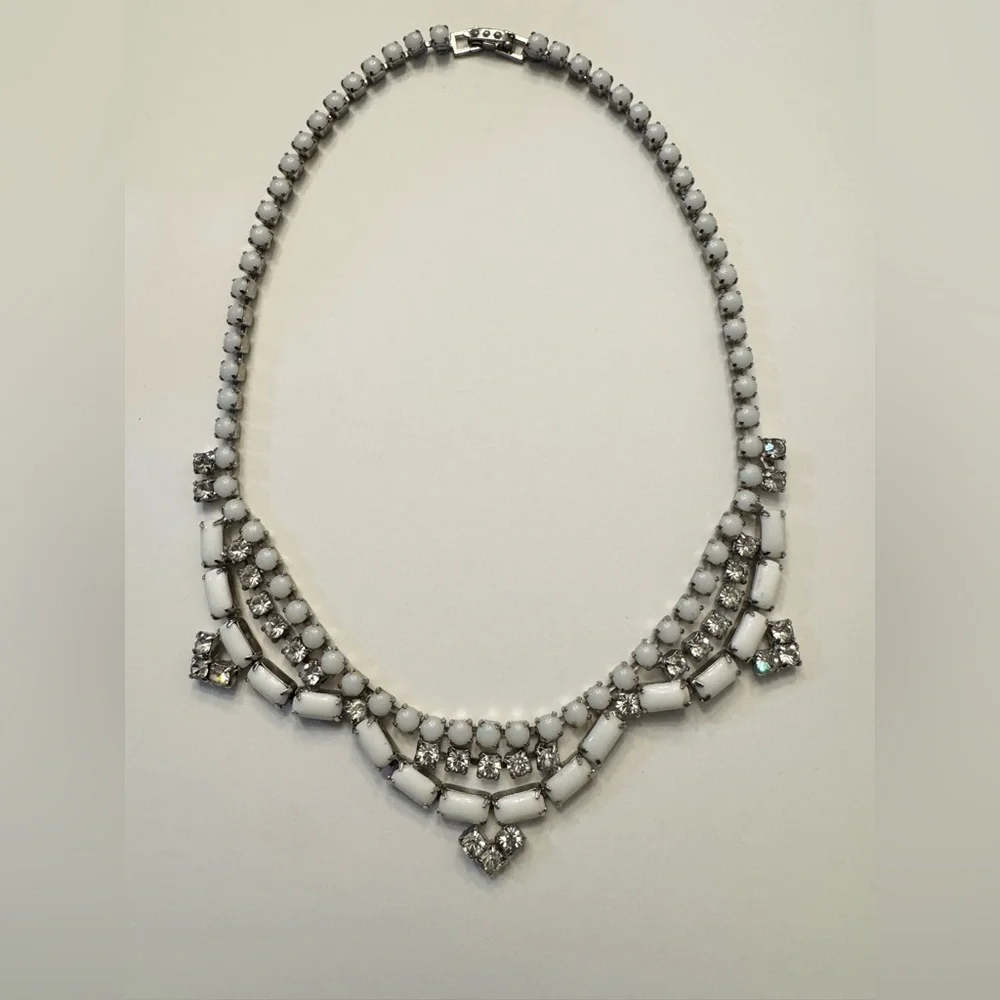 Vintage Milk Glass Rhinestone Bib Necklace Mid Century - Bridal, Formal, Prom
